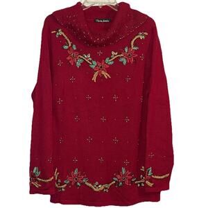Theme Works Kikit Christmas Sweater Red Beaded Poinsettia Embroidered Size Large